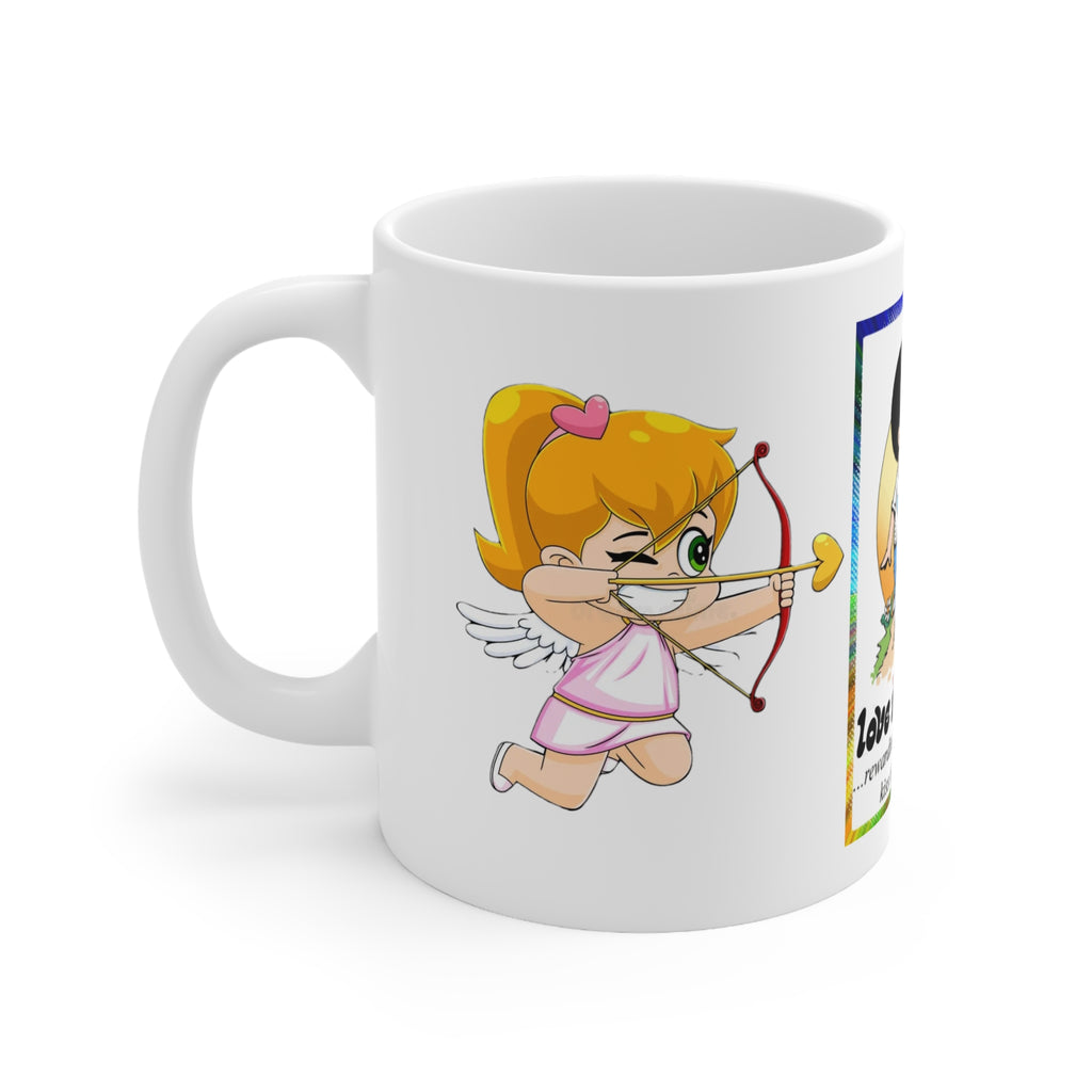 CUP - LOVEIS... - Romantic Cartoon Coffee Mug — "Love is... rewarding each other with a kiss for every mile" — 11oz & 15oz