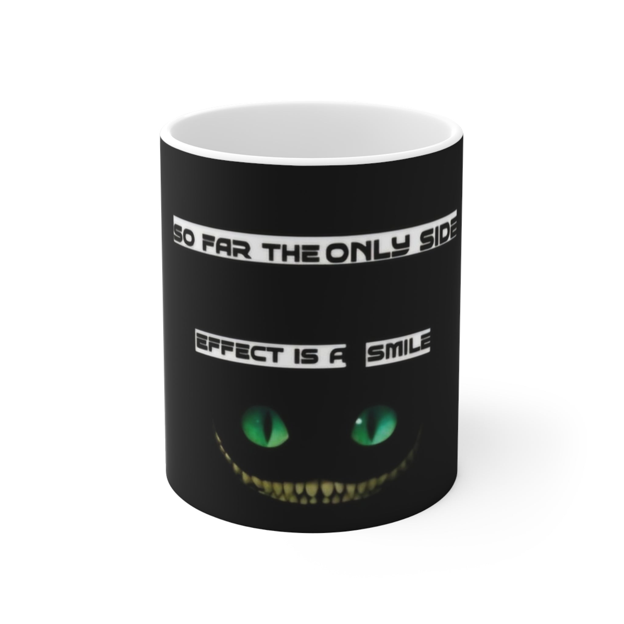 Cheshire Cat Green Eyes Coffee Mug — "Expect Me, Child" Fantasy Gothic Tea Cup