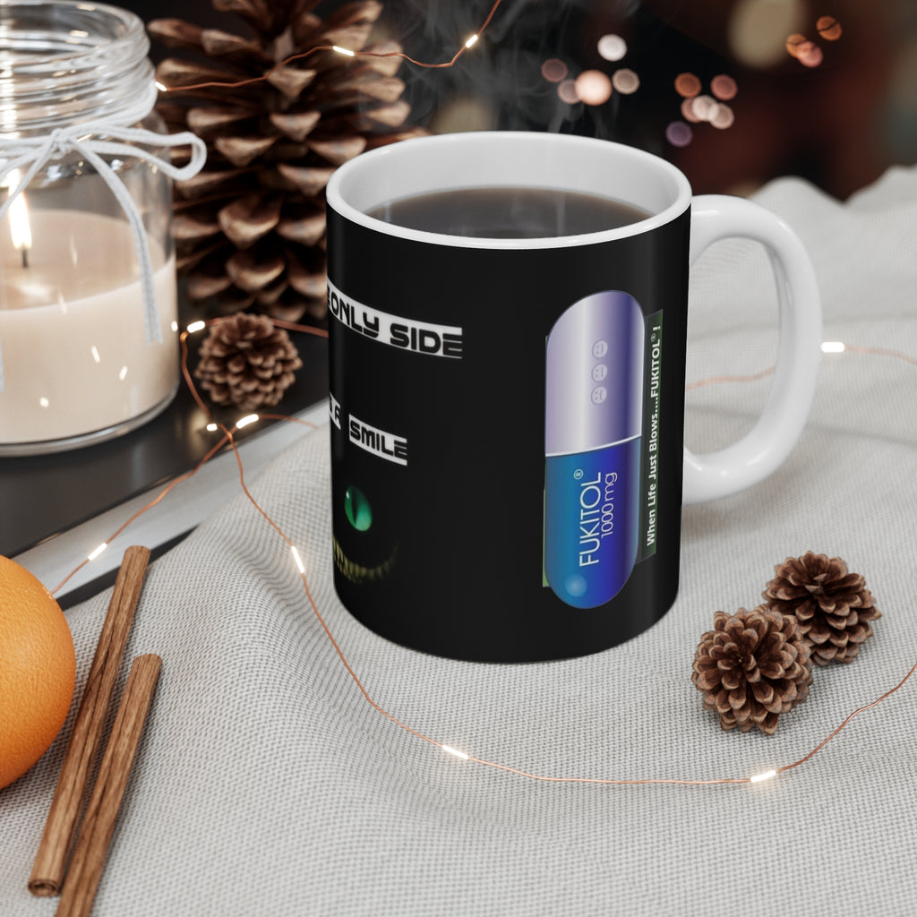 Cheshire Cat Green Eyes Coffee Mug — "Expect Me, Child" Fantasy Gothic Tea Cup