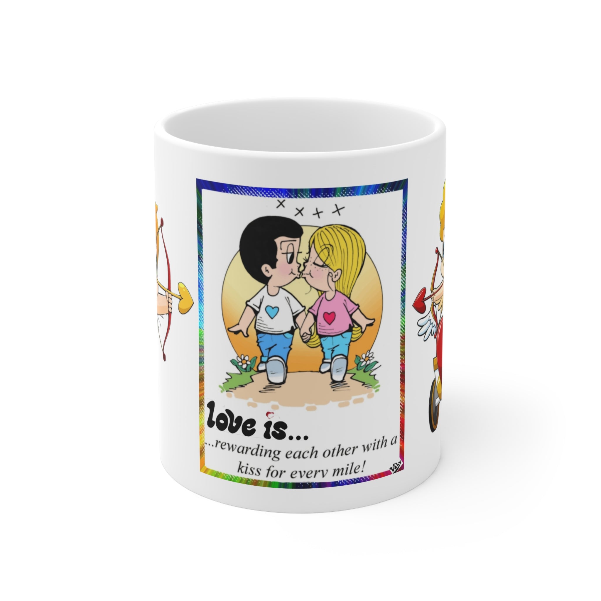 CUP - LOVEIS... - Romantic Cartoon Coffee Mug — "Love is... rewarding each other with a kiss for every mile" — 11oz & 15oz