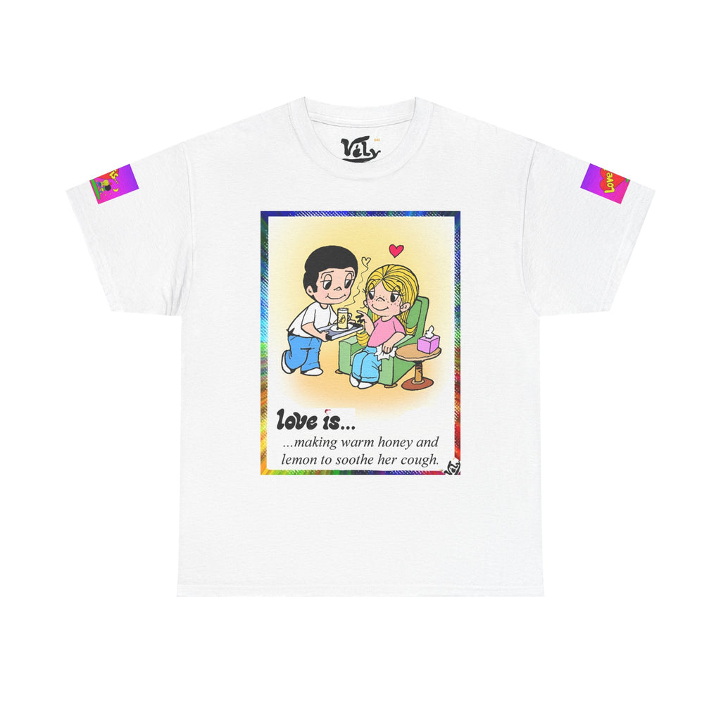 T SHIRT collection Love Is... Graphic Tee — Retro Cartoon Couple T-Shirt ("Love is...making warm honey and lemon to soothe her cough")