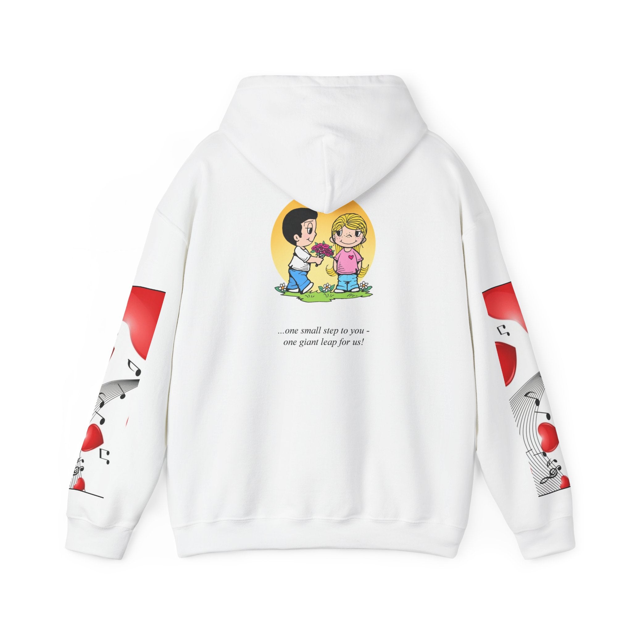 HOODIE LOVE IS... - Cute Couple Hoodie — Cartoon Couple Illustration with "One Small Step to You" Slogan