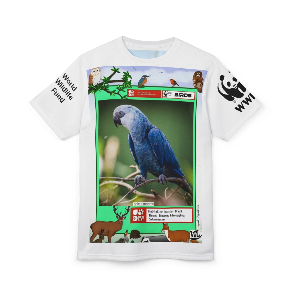 WWF Blue Macaw Conservation Tee — All-Over Print Bird Lover Shirt