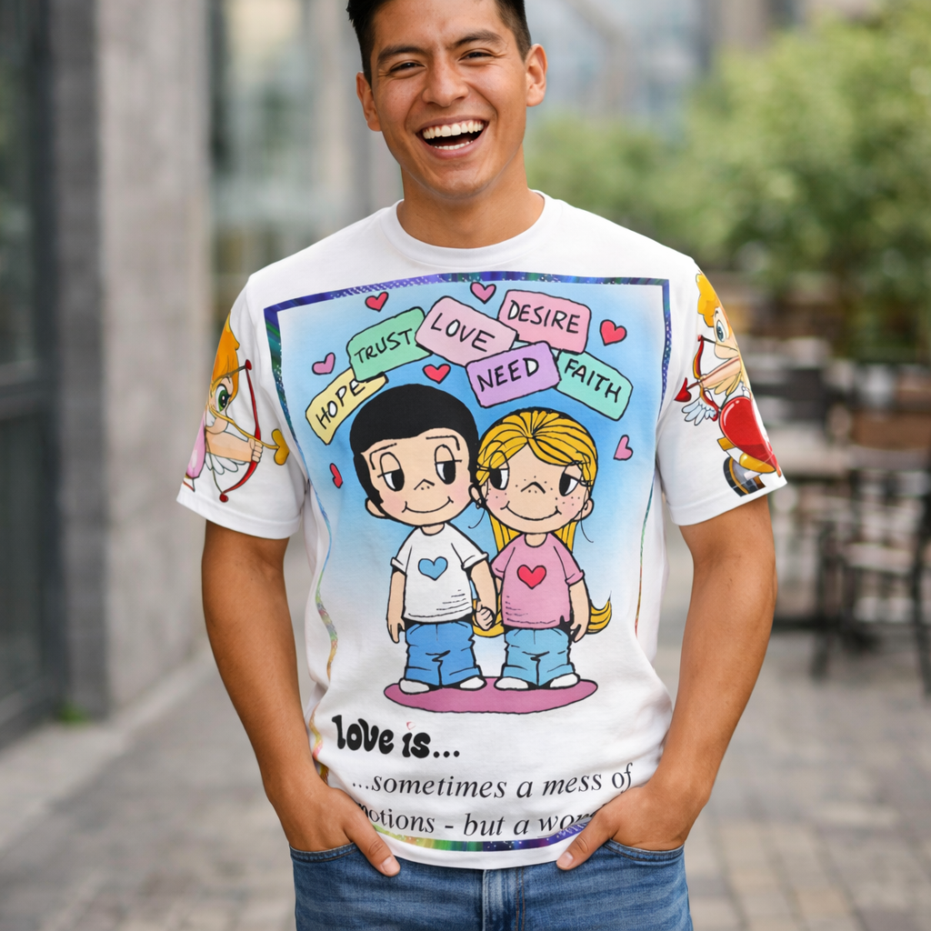 💎 Love Is... Cartoon Couple Tee — "Sometimes a Mess of Emotions" Cute Graphic Shirt 💎