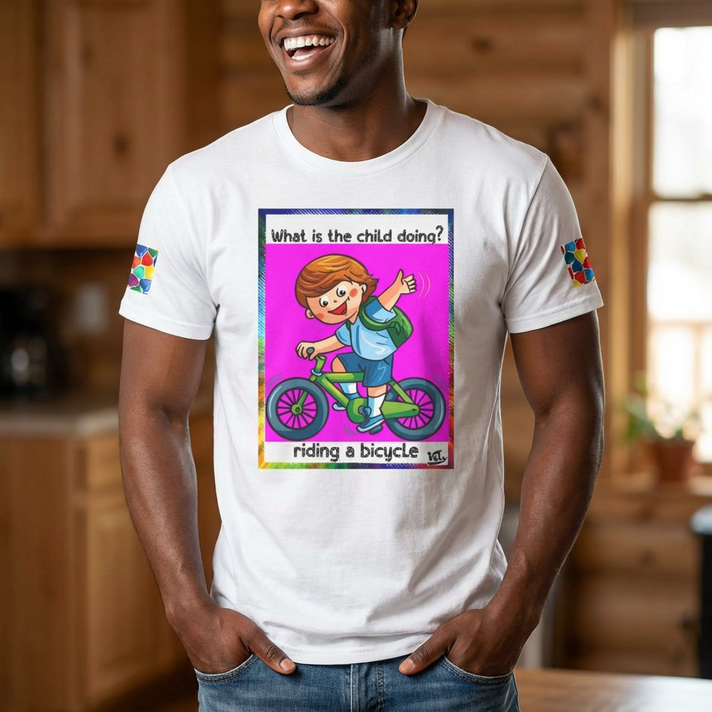 Kids Activity T-Shirt — "What Are the Children Doing?" Bicycle & Art Graphic Tee