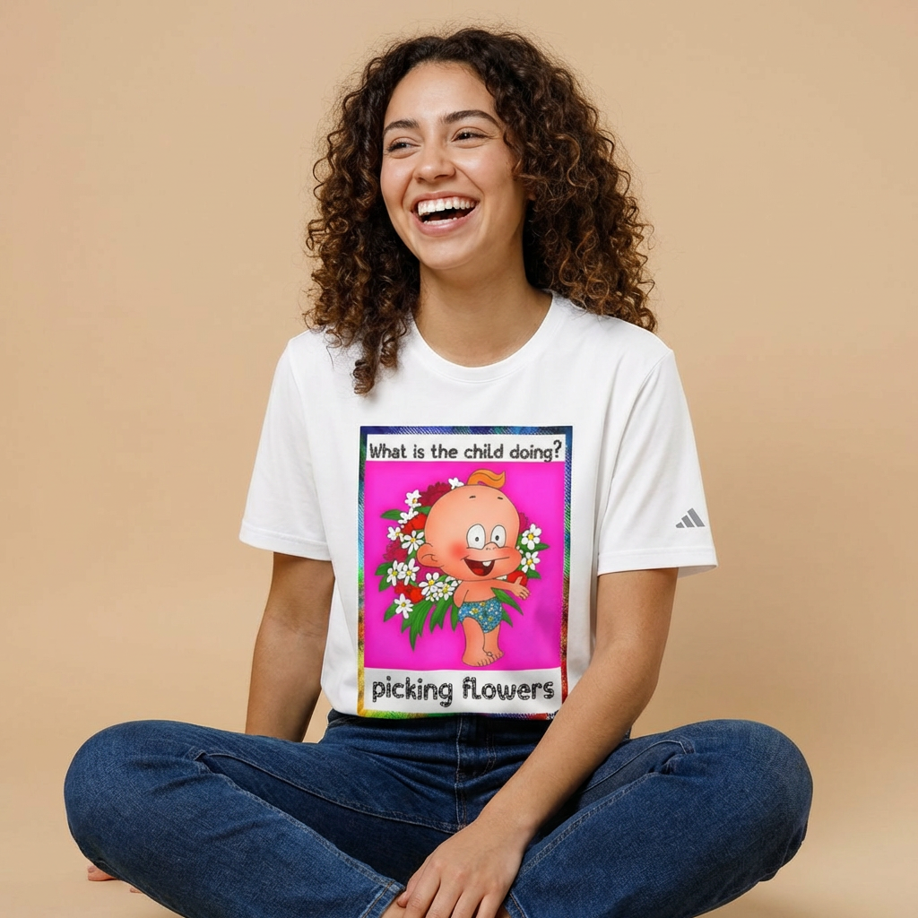 Kids Activity Graphic T-Shirt — "What is the child doing?" Picking Flowers & They Draw