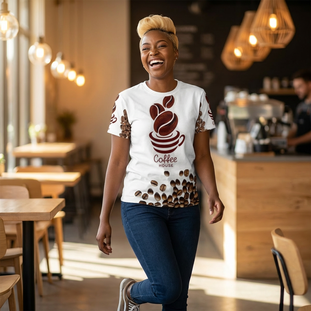 Coffee House All-Over Print Tee — Coffee Beans & Cup Graphic