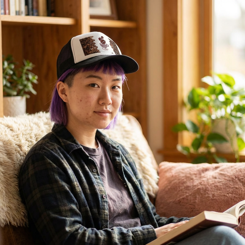 Coffee Beans Trucker Cap — Vintage Café Logo Hat for Coffee Lovers