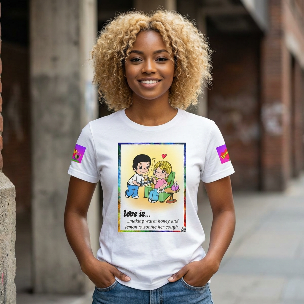T SHIRT collection Love Is... Graphic Tee — Retro Cartoon Couple T-Shirt ("Love is...making warm honey and lemon to soothe her cough")