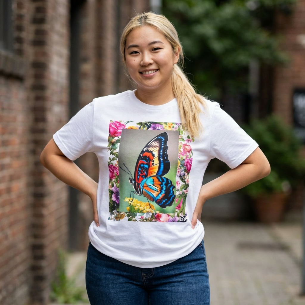 バタフライ＆フラワーTシャツ — 爽やかで明るい花柄デザイン