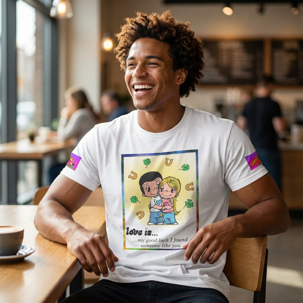 💎 LOVE IS... Cartoon Couple Graphic Tee — "My Good Luck I Found Someone Like You" 💎