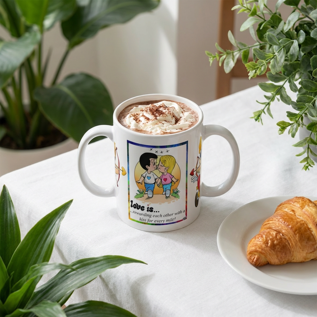 CUP - LOVEIS... - Romantic Cartoon Coffee Mug — "Love is... rewarding each other with a kiss for every mile" — 11oz & 15oz