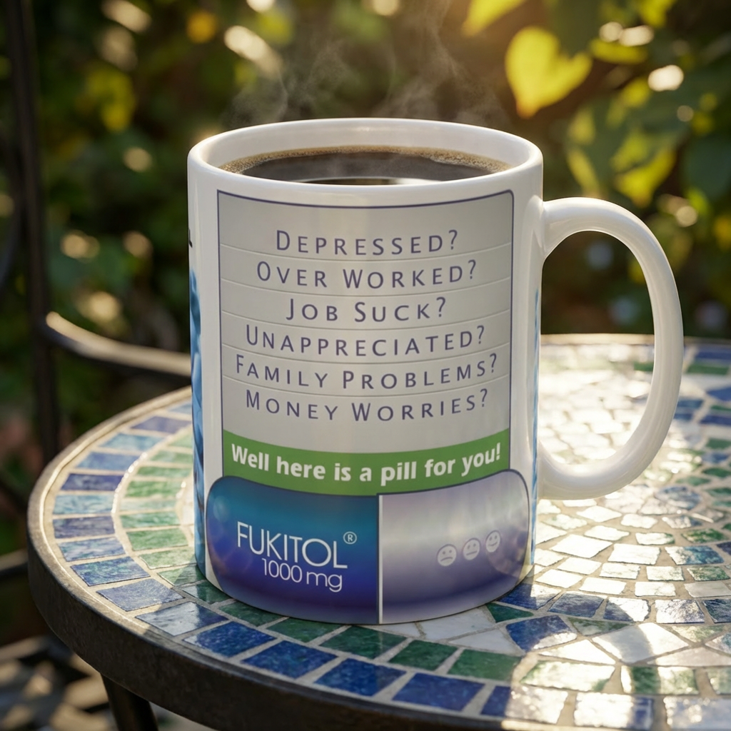 MUG FUKITOL FUNNY 11oz Coffee Mug — Novelty Pill Joke Gift for Coworkers & Friends