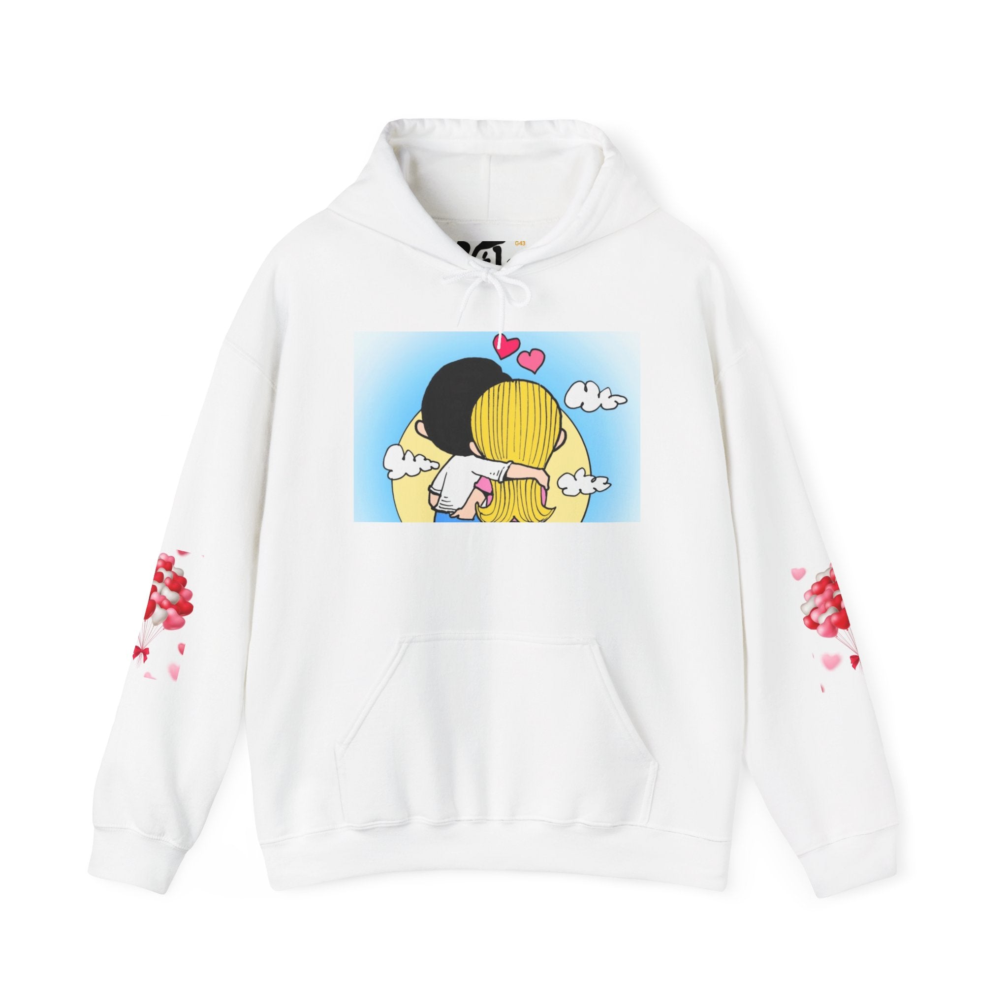 HOODIE LOVE IS...  Cute Couples Hoodie - Kawaii Embrace Illustration with 'Love' Sleeve Accents