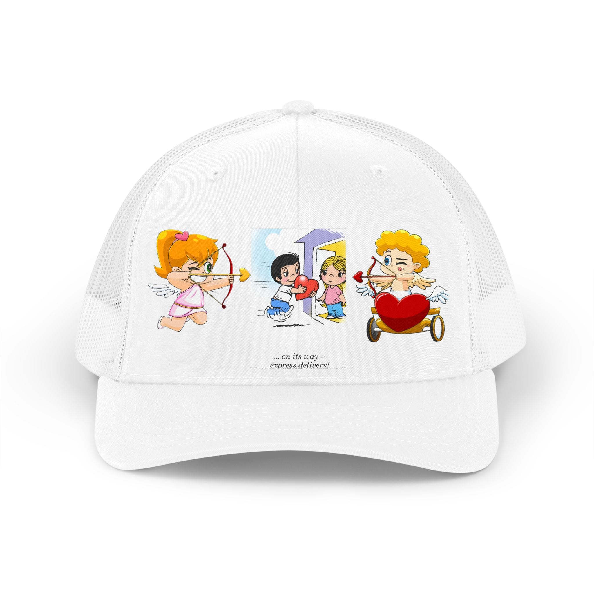 CUP LOVE IS... Retro Cupid Trucker Hat — Cute Vintage Valentine Kids Illustration