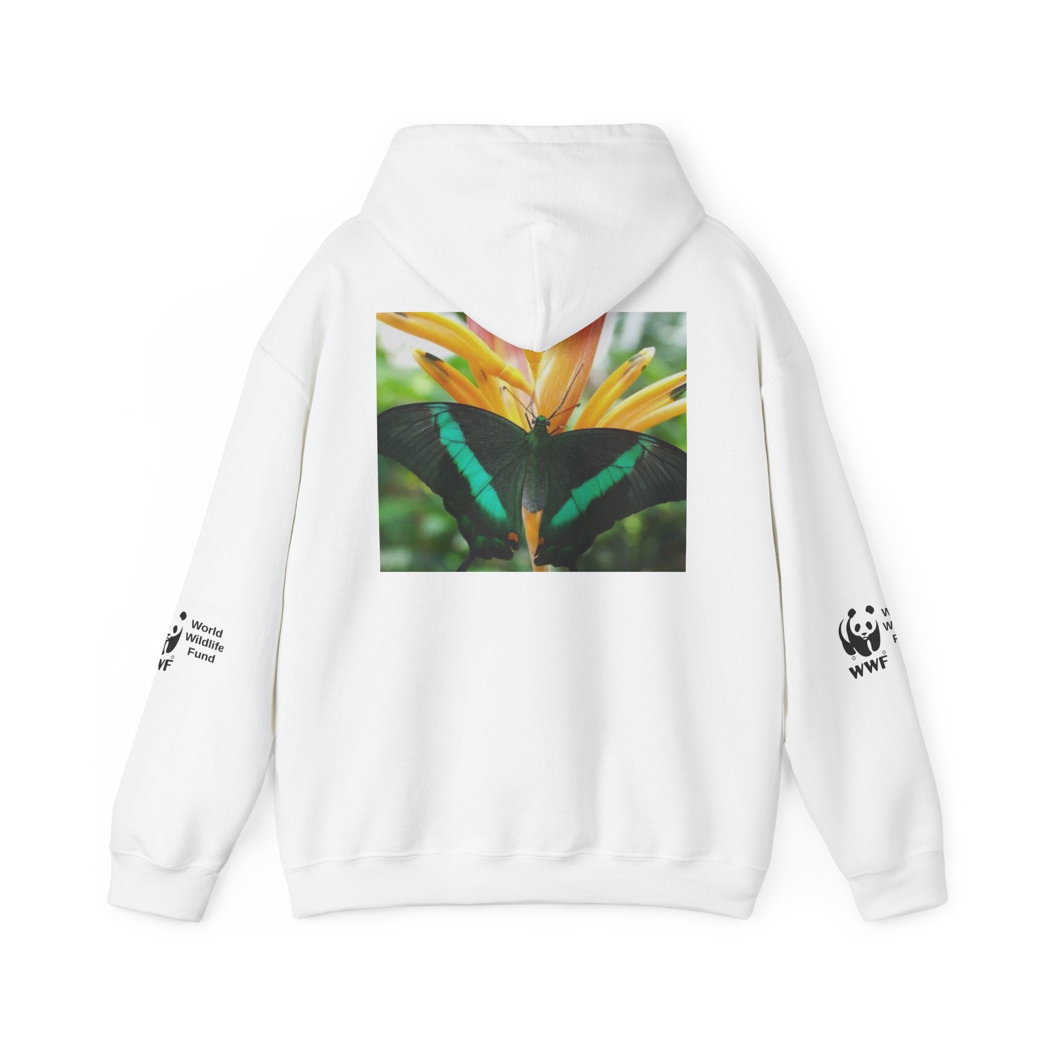 HOODIE NATURE Butterfly Photo Hoodie — Green Swallowtail on Tropical Flower, WWF Logo Eco Hoodie