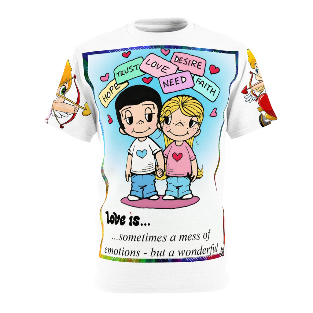 愛とは… 漫画カップルTシャツ — 「愛とは…時には感情の混乱」キュートなカップルグラフィックTシャツ
