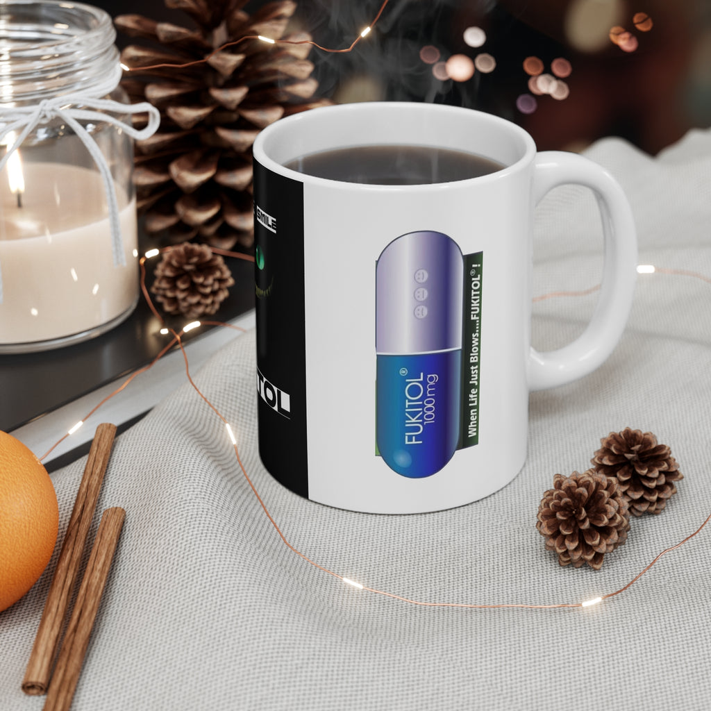 FUKITOL Pill Mug – Novelty 11oz Coffee Cup with Cheshire Smile Design