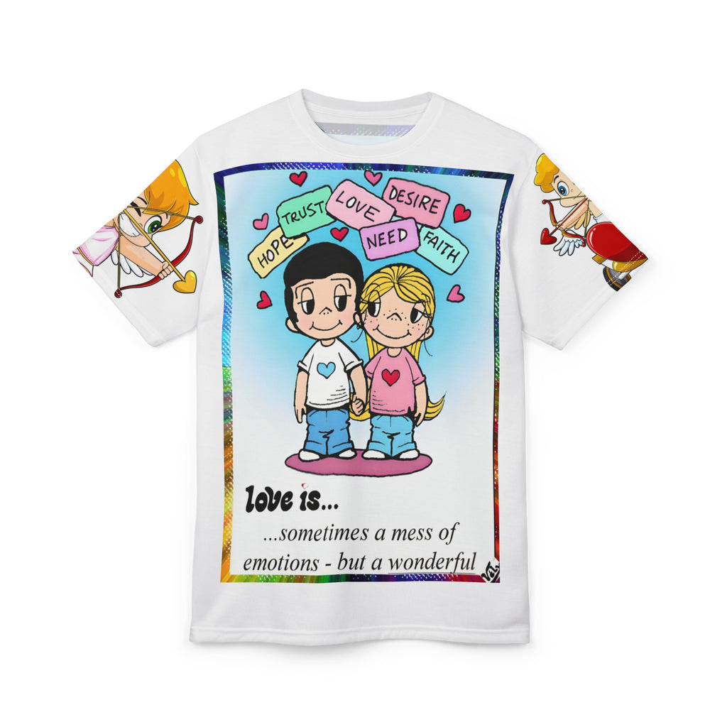 愛とは… 漫画カップルTシャツ — 「愛とは…時には感情の混乱」キュートなカップルグラフィックTシャツ