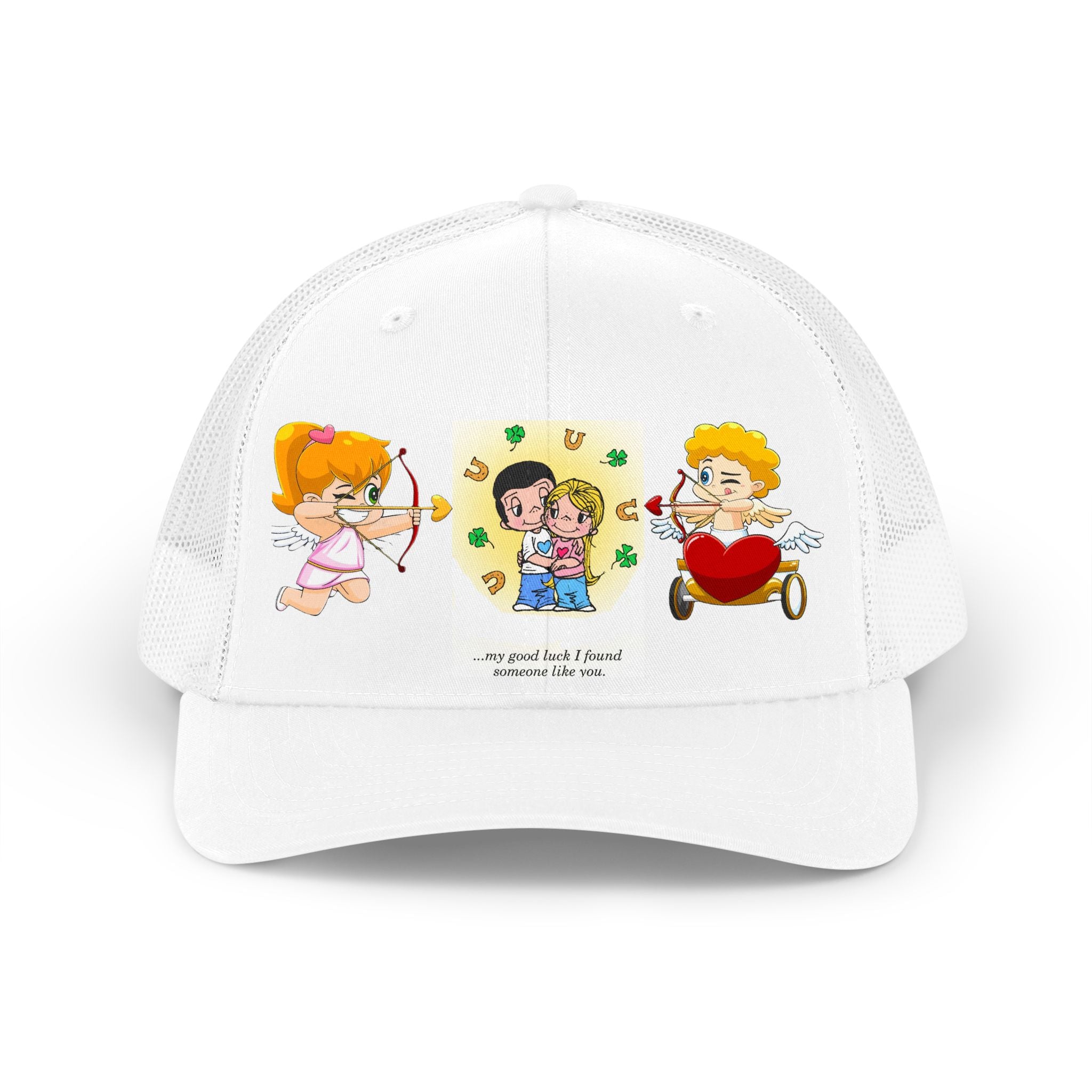 CAP LOVE IS... Trucker Hat — Cute Cupid Cartoon Couples Valentine Design